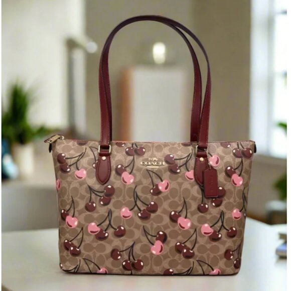 Coach Gallery Tote CAA71 Cherry Print Brown Signature Canvas Shoulder Bag - Picture 1 of 8
